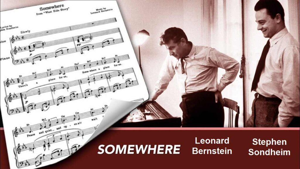 music sheet of West Side Story in front of a picture of Leonard Bernstein and Stephen Sondheim at a piano